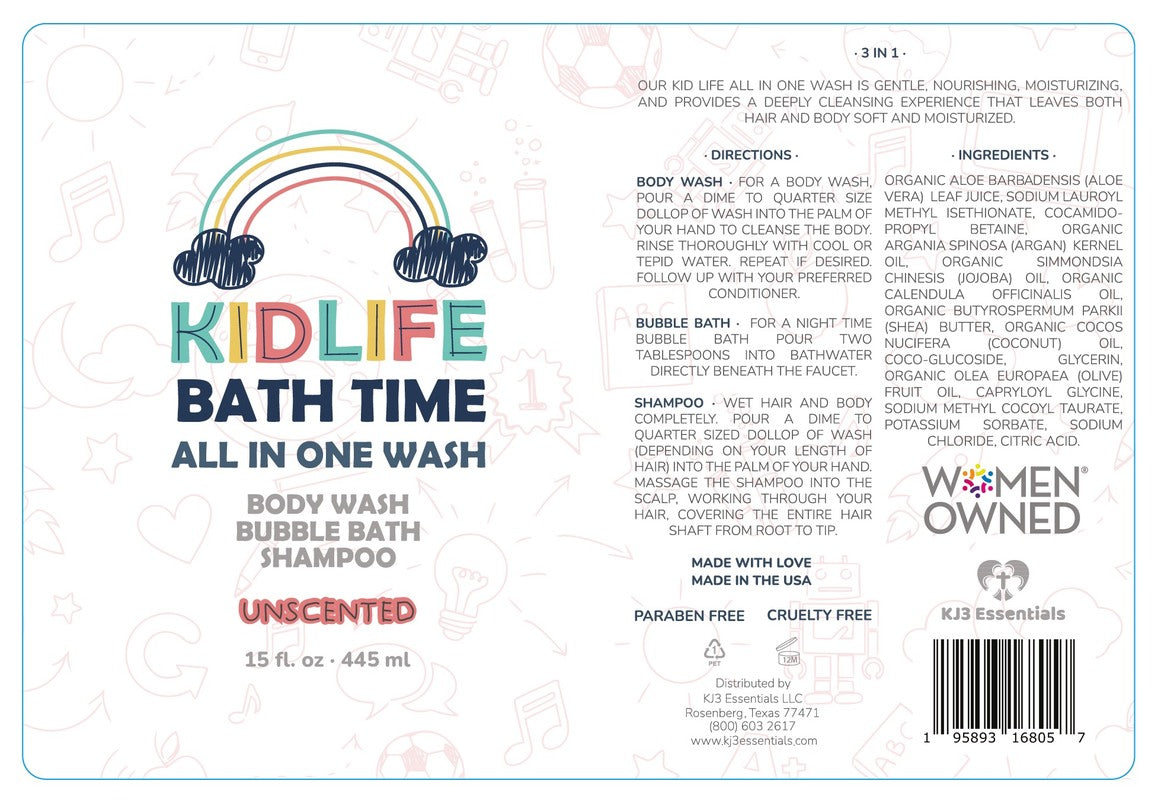 Kidlife Natural Bath Time 3 In 1 Shea & Organic Aloe Body Wash- Herbal Unscented  15 Oz. Kids Head to Toe All in one Bath and body Soap. Bubble Bath, Bodywash and Shampoo